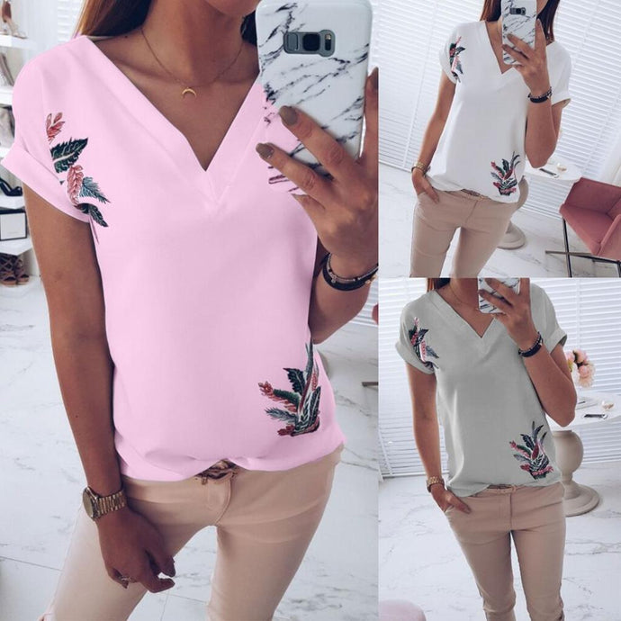 feitong summer Shirts for women 2018 Fashion Ladies V Neck Tops Short Sleeve Printed Fashion feminina Casual clothes Tees