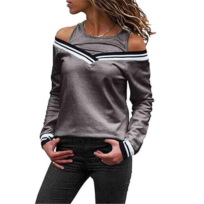 2019 Women Long Sleeve off shoulder Casual T shirts  Ladies O-Neck Backless T-shirt Fake two pieces Striped Summer Top Jumper