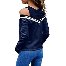 Load image into Gallery viewer, 2019 Women Long Sleeve off shoulder Casual T shirts  Ladies O-Neck Backless T-shirt Fake two pieces Striped Summer Top Jumper