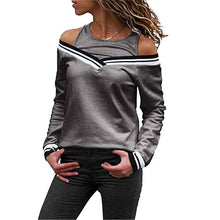 Load image into Gallery viewer, 2019 Women Long Sleeve off shoulder Casual T shirts  Ladies O-Neck Backless T-shirt Fake two pieces Striped Summer Top Jumper