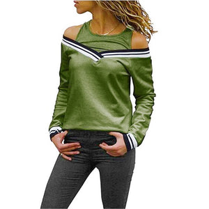 2019 Women Long Sleeve off shoulder Casual T shirts  Ladies O-Neck Backless T-shirt Fake two pieces Striped Summer Top Jumper