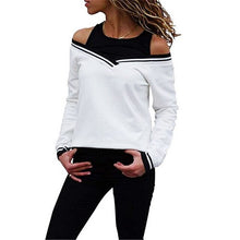 Load image into Gallery viewer, 2019 Women Long Sleeve off shoulder Casual T shirts  Ladies O-Neck Backless T-shirt Fake two pieces Striped Summer Top Jumper