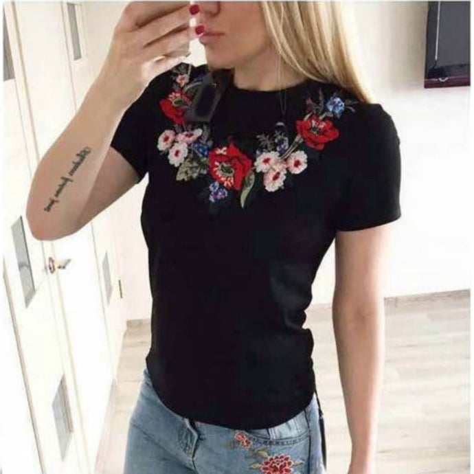 Summer Floral Printed Short Sleeved Women T-Shirt Embroidered Round Neck Slim Ladies European Style Tops
