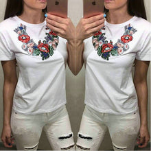 Load image into Gallery viewer, Summer Floral Printed Short Sleeved Women T-Shirt Embroidered Round Neck Slim Ladies European Style Tops