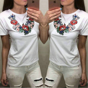 Summer Floral Printed Short Sleeved Women T-Shirt Embroidered Round Neck Slim Ladies European Style Tops