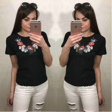 Load image into Gallery viewer, Summer Floral Printed Short Sleeved Women T-Shirt Embroidered Round Neck Slim Ladies European Style Tops