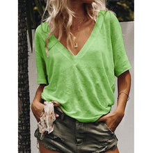Load image into Gallery viewer, 2019 New  Solid color Women T-shirts V-neck Casual Loose Tee Tops Summer Short Sleeve Female T shirt Women Plus size S-5XL