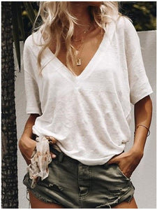2019 New  Solid color Women T-shirts V-neck Casual Loose Tee Tops Summer Short Sleeve Female T shirt Women Plus size S-5XL