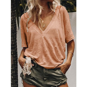 2019 New  Solid color Women T-shirts V-neck Casual Loose Tee Tops Summer Short Sleeve Female T shirt Women Plus size S-5XL